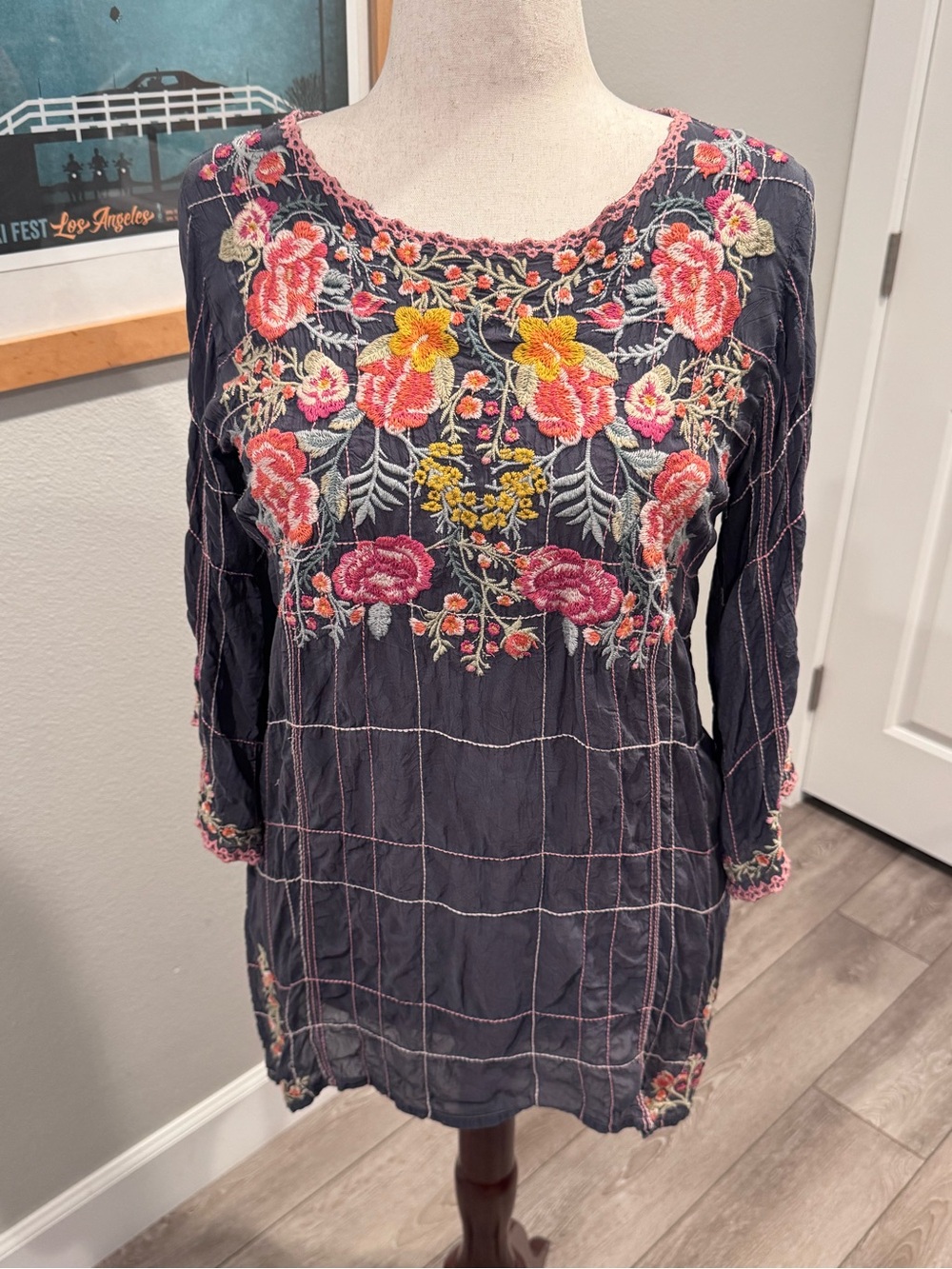 Johnny  Was Size Small Navy Embroidered Floral Tunic with Pink & Yellow Accent